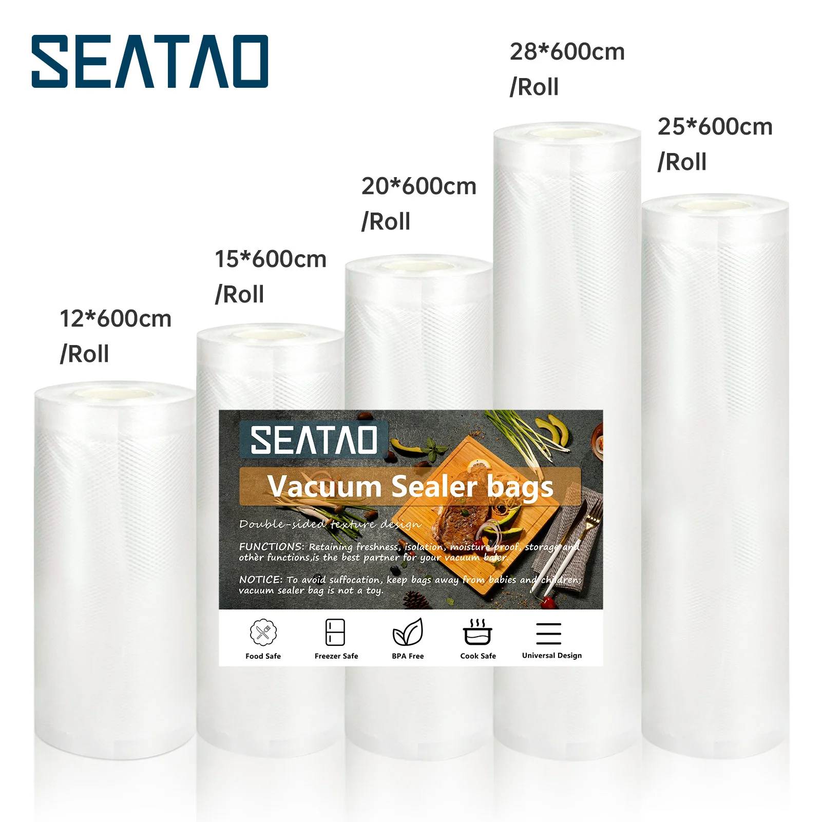 Sacos de vácuo seatao para alimentos seladora a vácuo de alimentos frescos de longa manutenção 12 + 15 + 20 + 25 + 28cm * 600cm rolos/sacos de lote