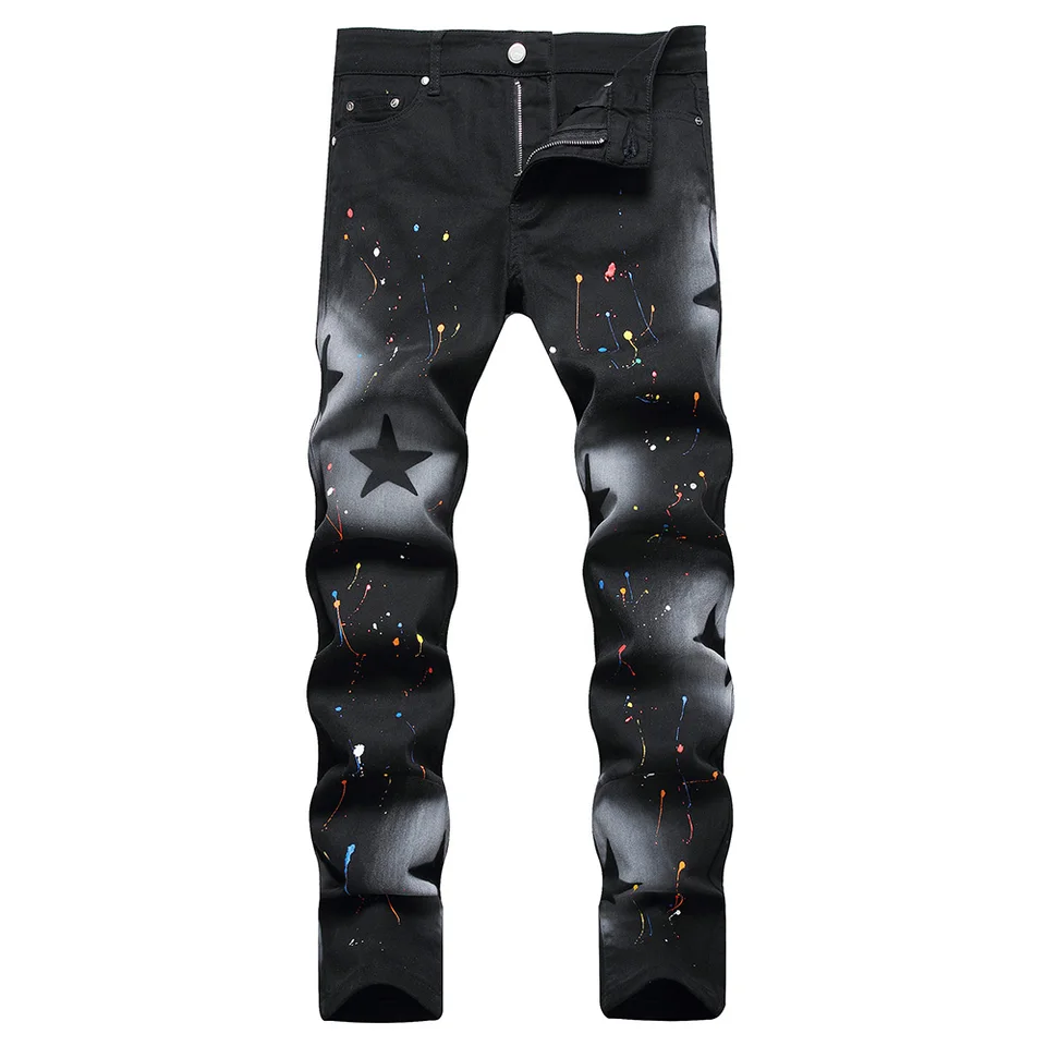 Men Star Painted Denim Jeans Casual Graffiti Print Slim Straight