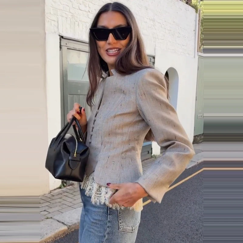 Elegant V-Neck Suit Jacket Chic Lace Patchwork Single Breasted Long Sleeve Daily Blazer Lady Autumn Fashion Office Streetwear