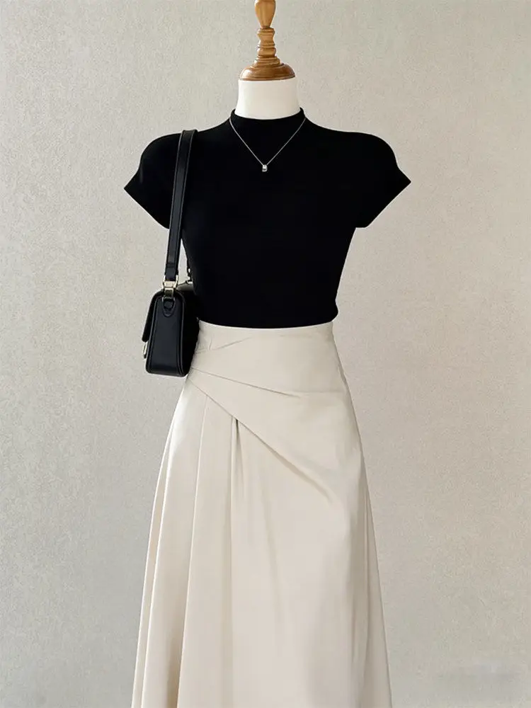 

Black Short Sleeve T-Shirt And Pleated Skirt Set for Women Casual Summer Fashion Outfit High Waist Pear Shaped Fit Two P...