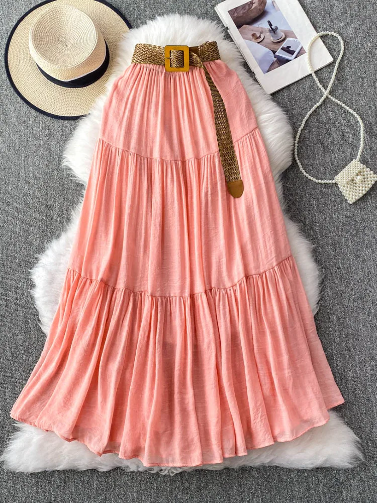 REALEFT Bohemia Plisowane Spódnice Damskie 2026 Nowe Eleganckie Spódnice Maxi w Jednolitym Kolorze z Wysokim Stanem, Patchworkowe, w Kształcie Litery A, Długość do Kostek