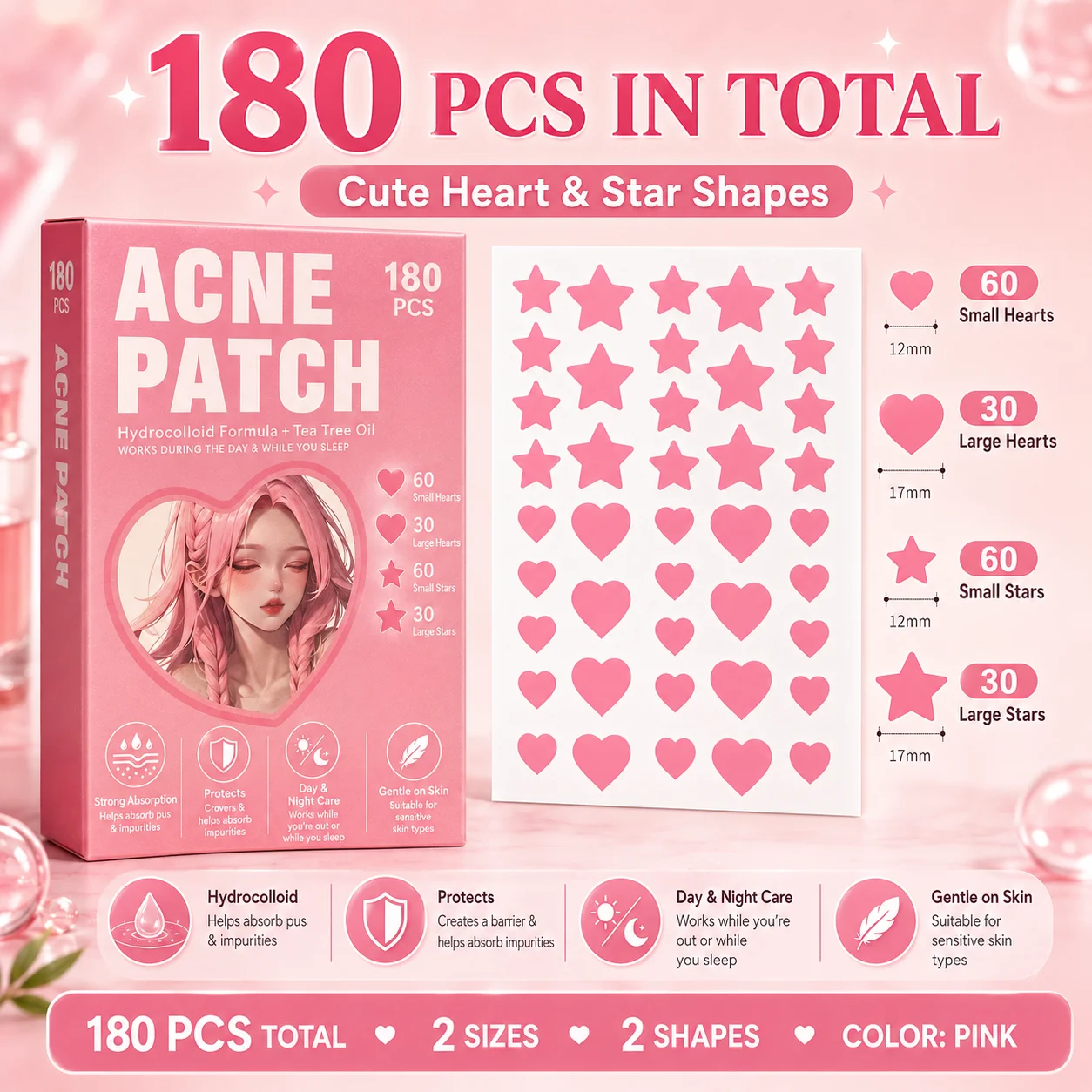 180PCS Pink Acne Patches Hydrocolloid Pimple Patches Cute Heart Star Spot Stickers for Face Body Day Night Care