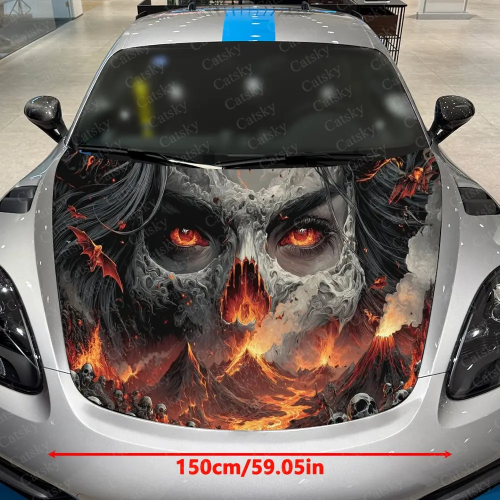Purgatory Volcano Skeleton Succubus Car Vinyl Wrap, PVC Material Waterproof Car Hood Sticker, Self-Adhesive Scratch-Resistant St
