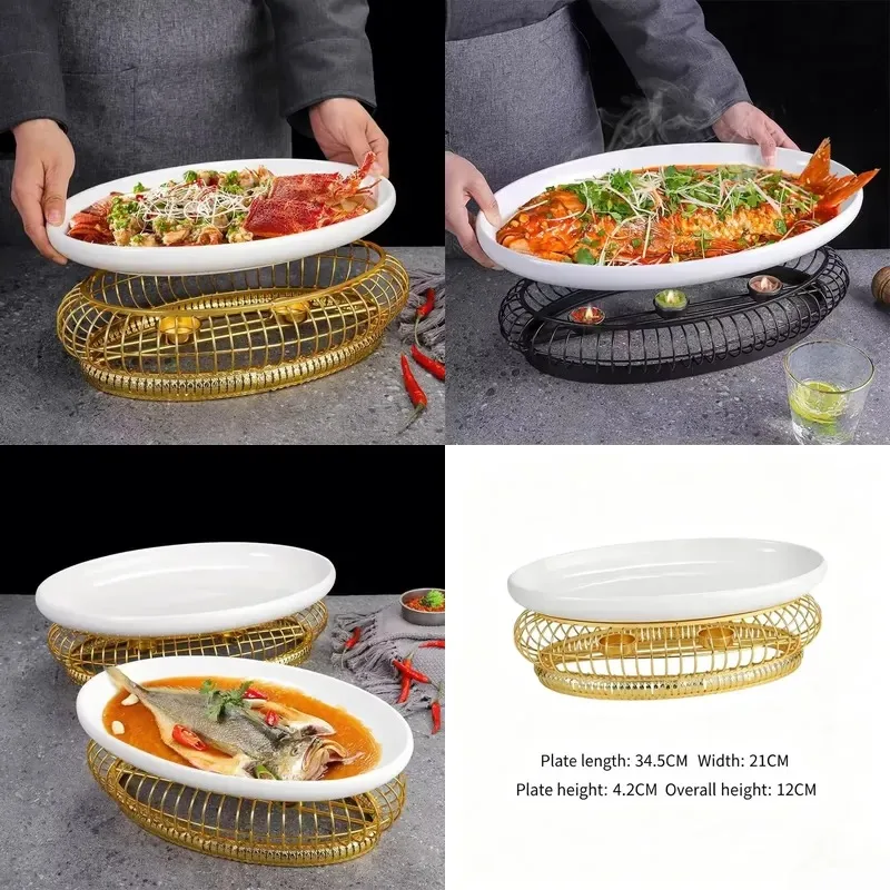 Chinese Ceramic Pure White Oval Steamed Fish Tray with Iron Thermal Insulation Stove for Restaurant Hotel Tableware