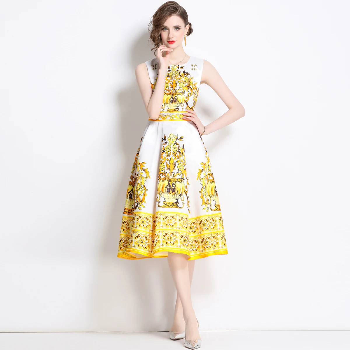

Vest Mini Dress Summer Spring Fashion Design Women Runway Jacquard Vintage Golden Flower Print Casual High Street Vestidos 9016