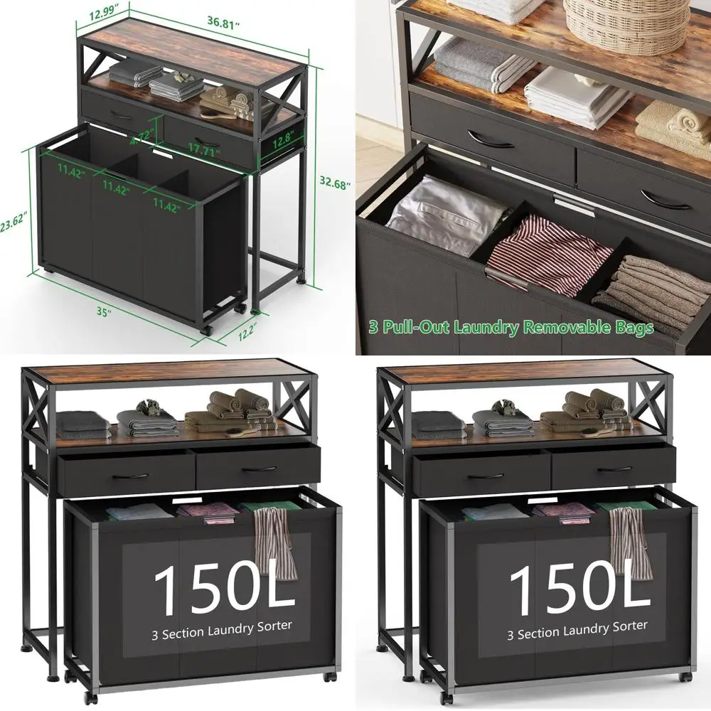 

3-секционный рулонный сортировщик белья на 150 л с 2 полками и 2 ящиками, мобильная корзина-органайзер для одежды для дома