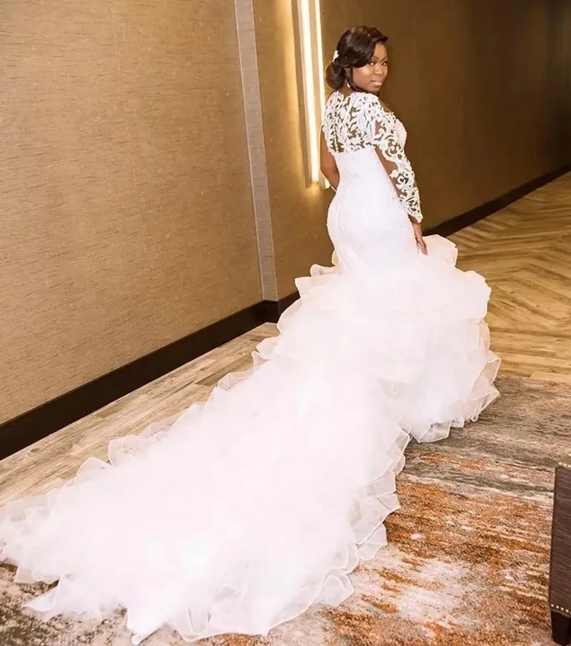 2024 Vestidos De novia africanos De sirena personalizados para novia Apliques De encaje con volantes Vestidos De novia De Organza Vestidos De novia