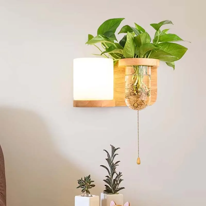 Nordische Moderne Wandleuchten Einfache Flur- und Balkon-Grünpflanzen-Wandleuchten Schlafzimmer Nachttisch Massivholz Dekorative Beleuchtungskörper