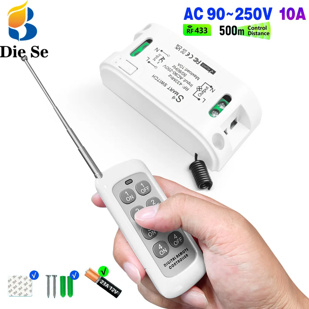 433mhz Rf Remote Control Light Switch AC 110V 220V 10A Relay Controller on Off Push Button Transmitter for Led Home Improvement