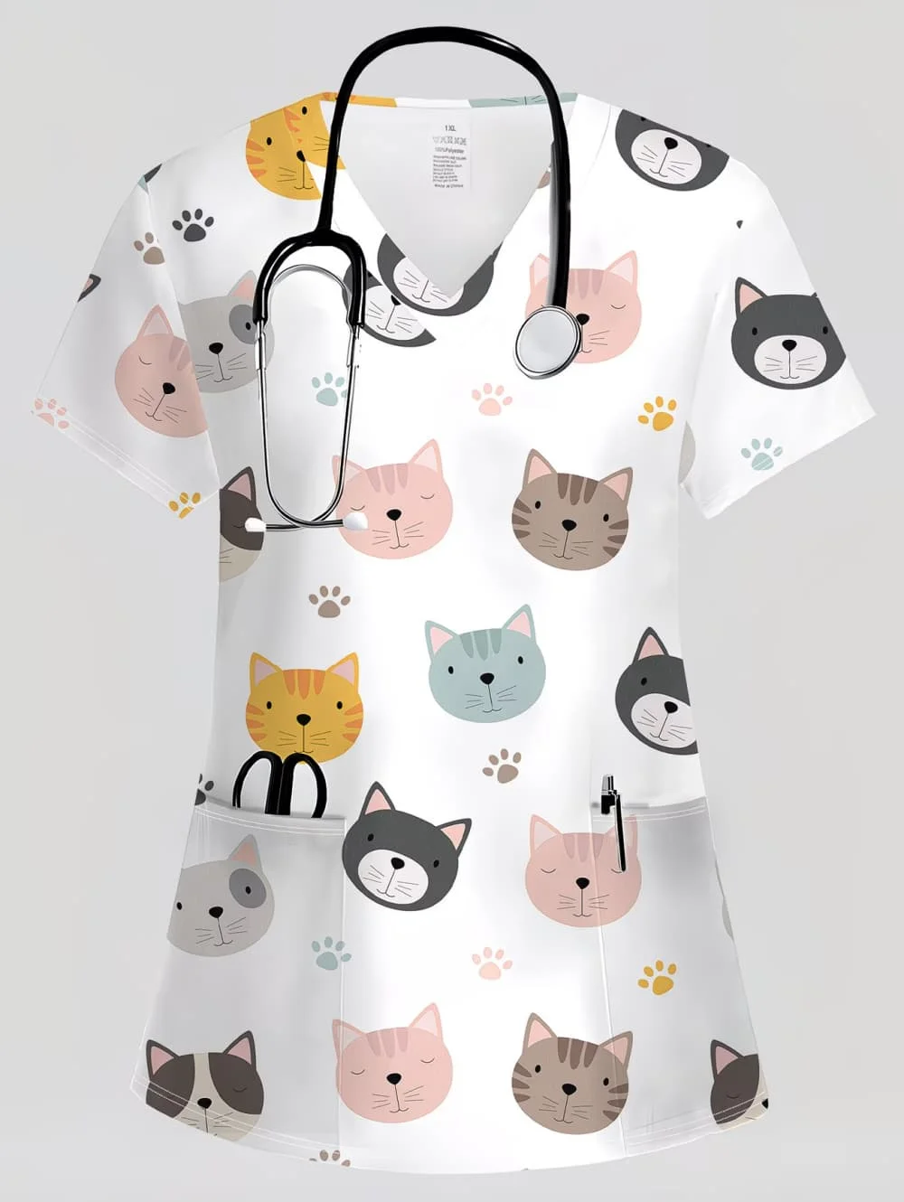 Women Surgical Scrubs Cute Cat Print V-Neck Short Sleeve Medical Uniform Soft Summer Nursing Top Vet Clinic Hospital Workwear
