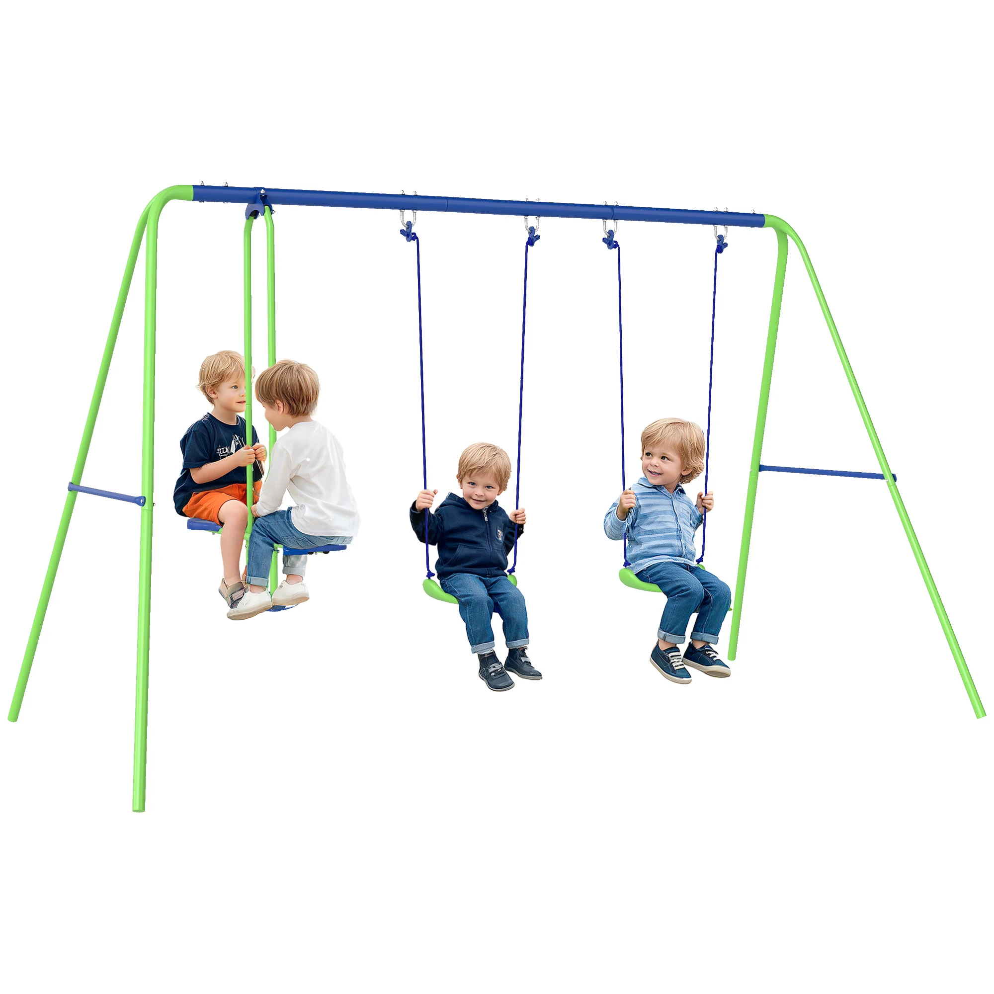 Outsunny Metalen Tuinschommelset met Verstelbare Hoogte 2 Schommels en Schommelstoel 280X140X178 cm Groen en Blauw