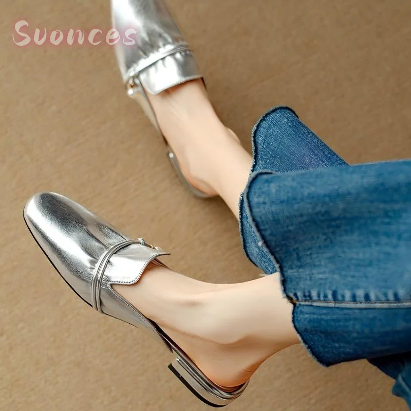 Slip On Backless Loafer Mules Shiny Smooth Leather Gathered Band Small Pearl Square Toe Flat Low Block Heel Casual Footwear