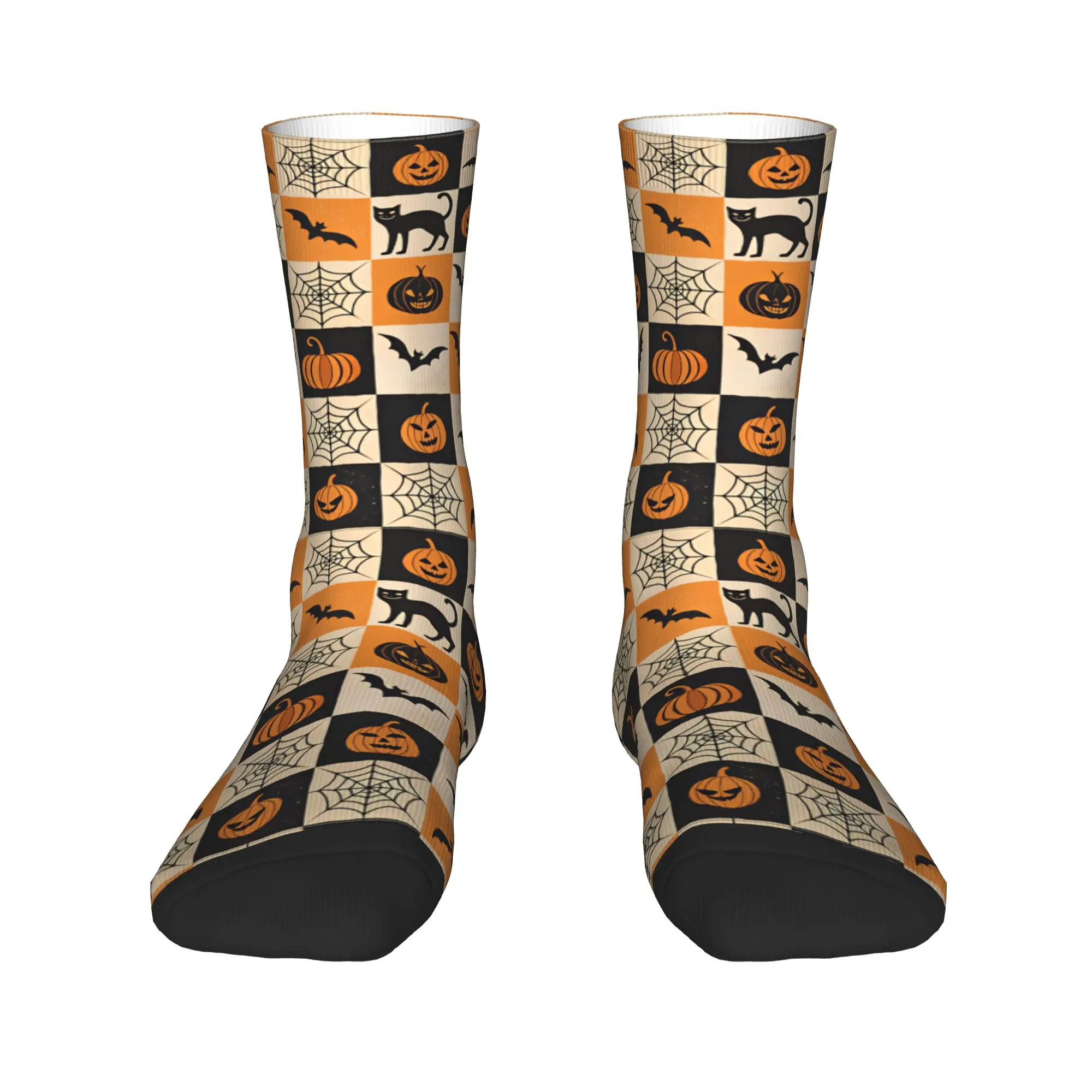 Halloween Checkerboard Bat Cat Spider Pumpkin Seamless Pattern Socks  Casual Stockings Winter Anti-Slip Men Socks Quality Socks