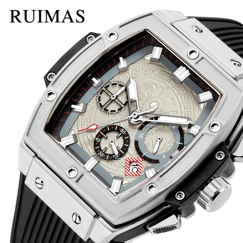 RUIMAS 333 Men's Fashion Quartz Watch Tonneau Multifunctional Chronograph Calendar Waterproof Silicone Casual Sports Watches