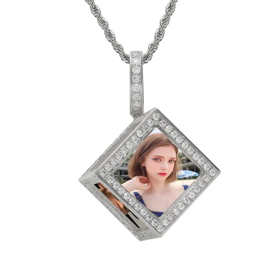 Memory Hip Hop Jewelry Iced Out CZ Cubic Zirconia Medallions Custom Photos Square Customize Picture Cube Pendant Necklaces