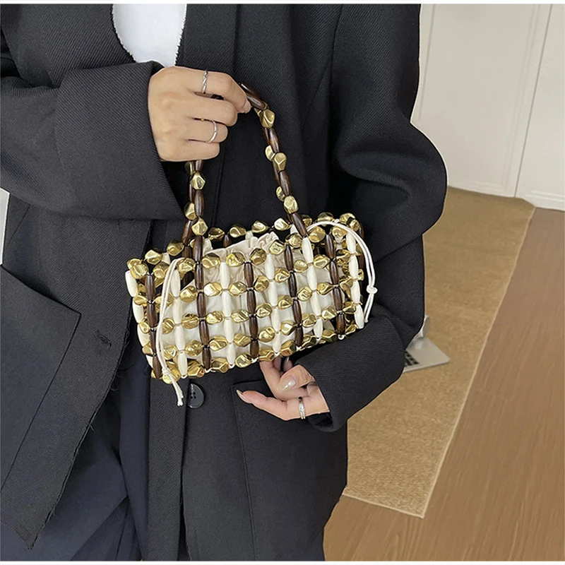 Ausgehöhlte Holzperlen-Handtasche mit gewebtem Obergriff und Canvas-Innentasche mit Kordelzug, koreanische leichte schicke Strandtasche für Damen – Detail 16