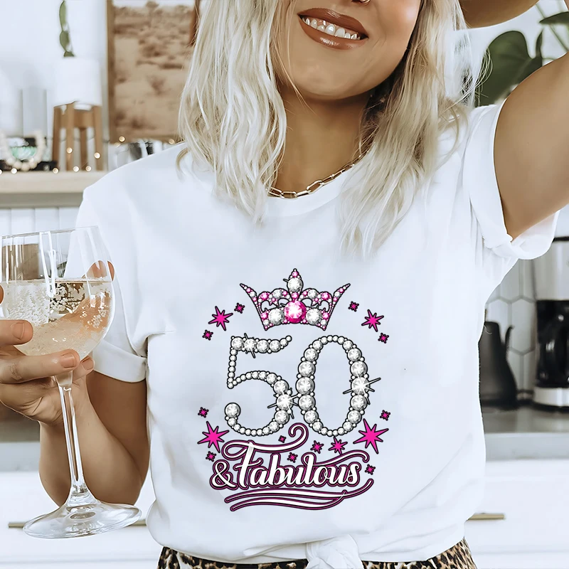 Women T Shirt 50th Fabulous Birthday Party Tees Fashion Shiny Crown Graphic Y2k Tops Female Clothing Casual Short Sleeve Tees