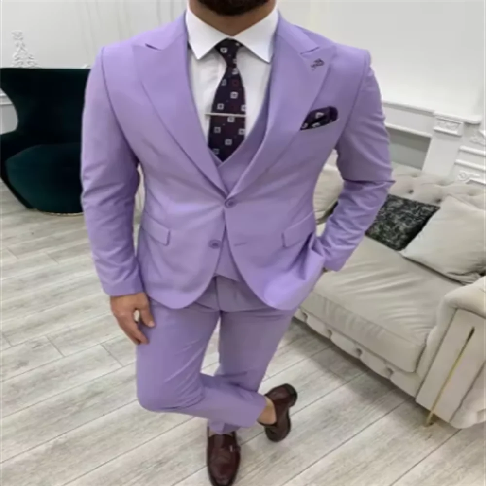 

Light Purple Men's Suits Elegant Full Set Single Breasted Peaked Lapel Formal Outwear 3 Piece（Jacket+Pants+Vest) Costume