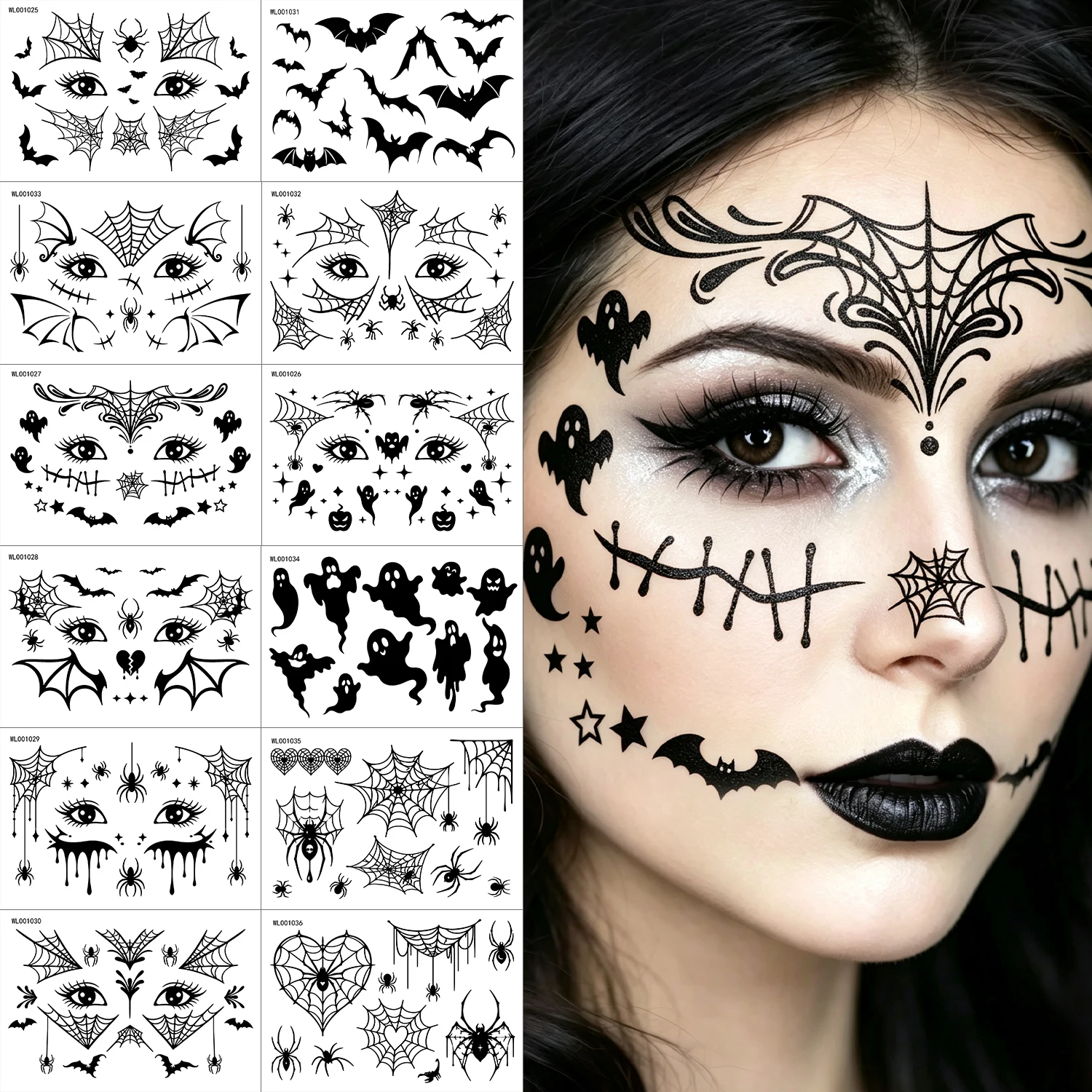 12 Stück Gruselige Halloween-Gesichtstattoos Spinnennetz Fledermaus Skelett Aufkleber Wasserdicht Glitzer Temporäres Tattoo Halloween Cosplay Party * – Detail 1