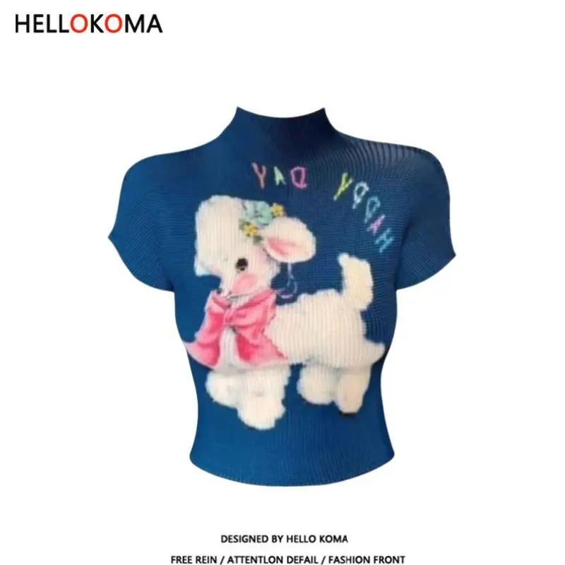 

Темно-синие милые овечьи плиссированные мини-футболки с воротником, облегающие укороченные топы, женская облегающая туника, футболка Sweet Y2K Young Girls Kawaii