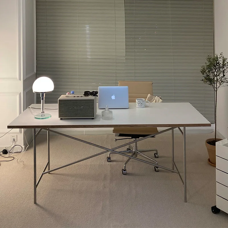 

Modern simple stainless steel Bauhaus rectangular white ins solid wood conference table, living room dining table office desk
