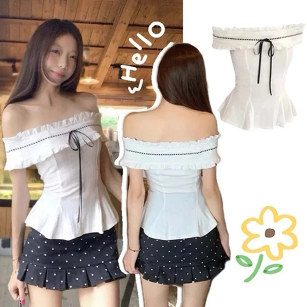 

White Off-shoulder Ruffle Shirt Lace-up Cute Bow Korean Y2K Ins Ruffle Shirt Tops Slimming Spicy Girl Style Slim Fit Crop Tops