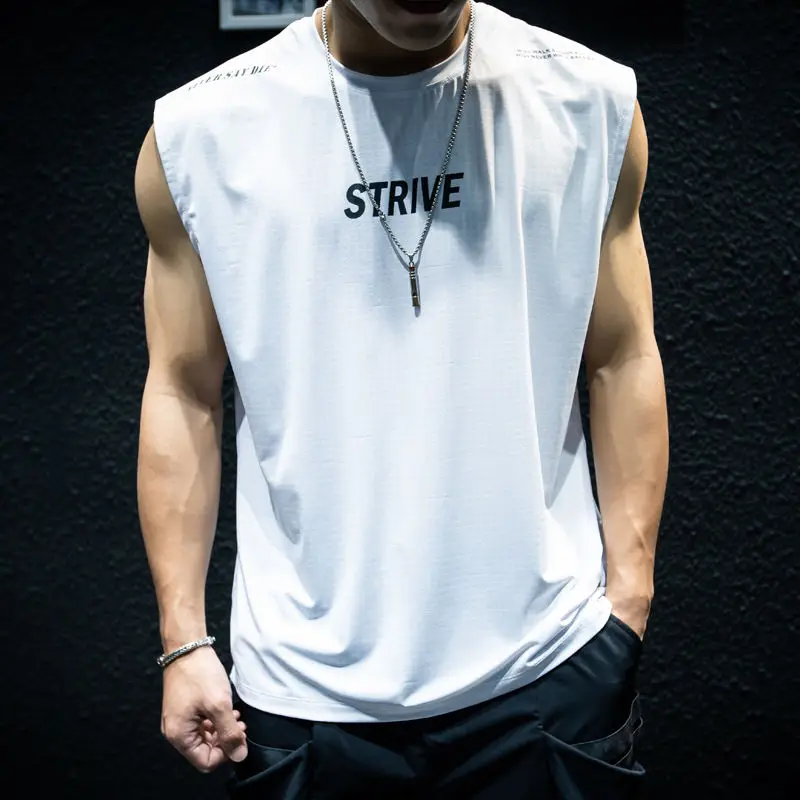 

Summer Quick-drying Ice Silk White Sleeveless Vest Men's Loose Trendy Brand Ins Vest Short Sleeves Large Size Sports Fitness