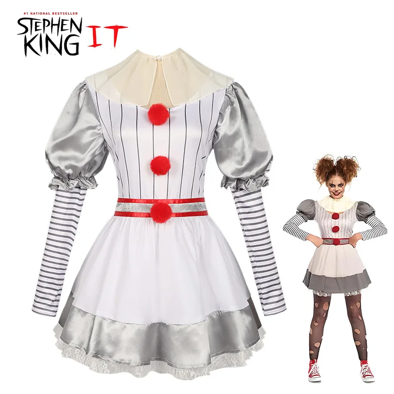 Anime Horror Pennywise kostium Fantasy Clown sukienka dla kobiet dziewczynki Halloween fantazyjne Joker odzież Cosplay