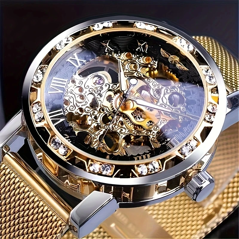 1 Piece Men's Fashionable Diamond-Encrusted Manual Mechanical Watch, Hollow Design Mesh Strap Watch, Stylish Casual Versatile Handsome Male Student Wristwatch, High-Value Gift Choice, No Battery Needed