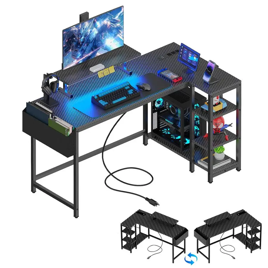 

Shaped Gaming Desk with LED Lights amp Power Outlet, 40 Reversible Computer Desk with Adjustable Monitor Stand and Customizable