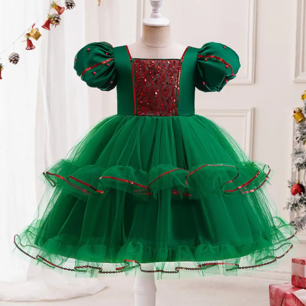 Christmas Girls' New Sequin Color Blocked Bubble Sleeves Mesh Princess Dress New Year Party Sweet and Cute Dress for 3-10 Years