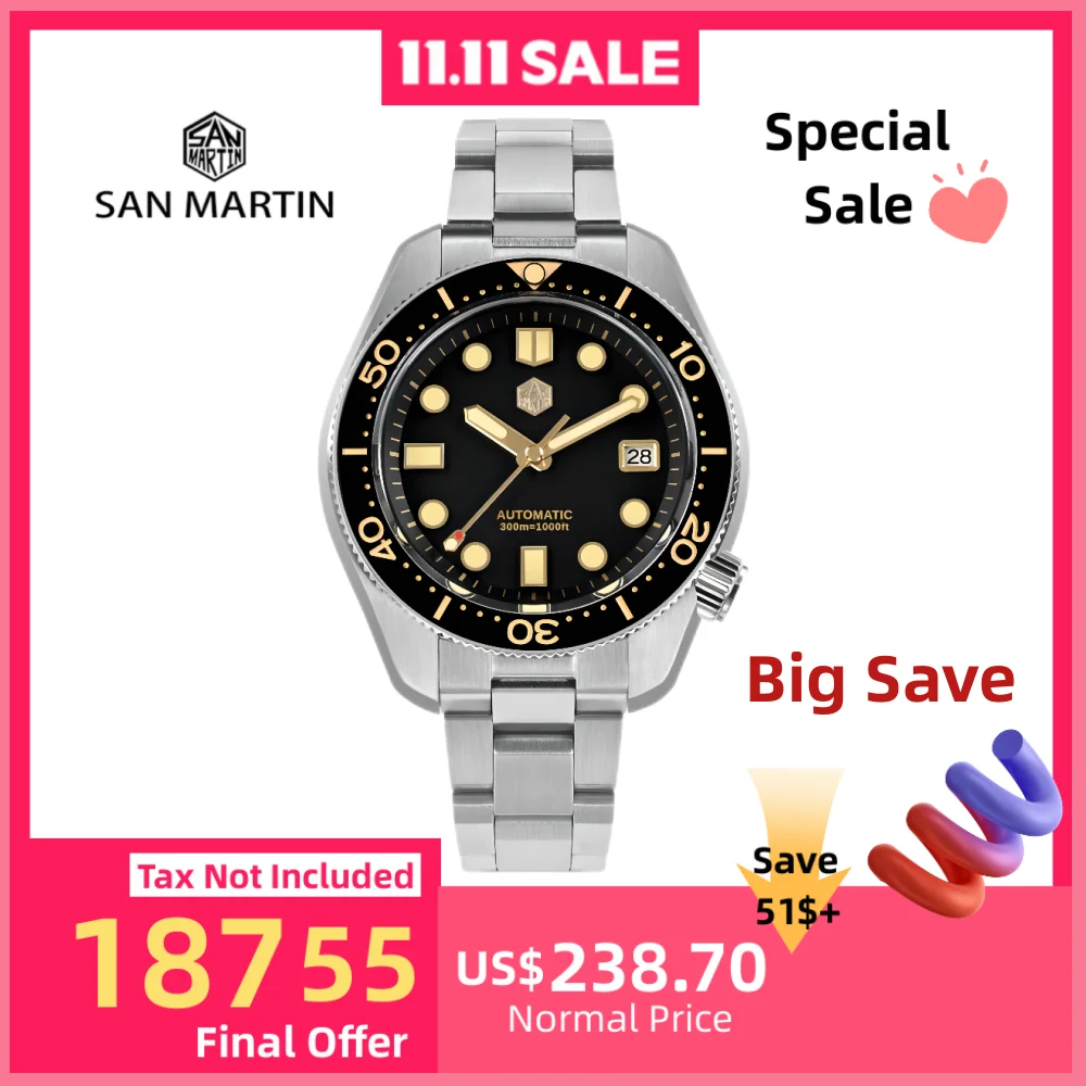 

San Martin 44mm MM300 Black Turtle NH35 Men's Watch Mechanical Vintage Sapphire Date Window Gilt Dial 30Bar Reloj Hombre SN0087