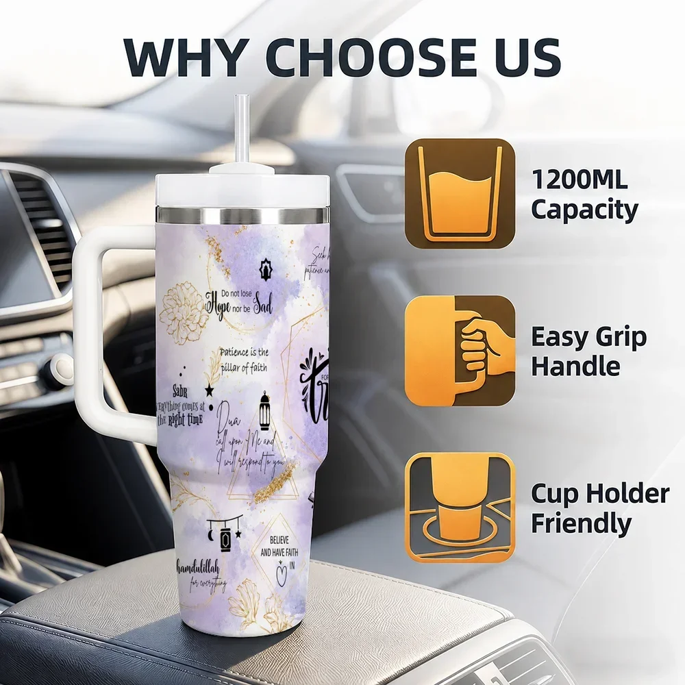Islamic Religious Motivational Giving gifts Vacuum Flasks 40oz Stainless Steel Insulated Tumbler with Handle Straw