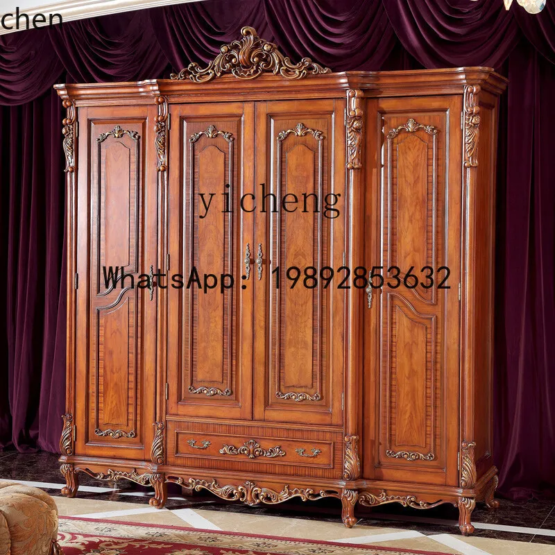 HT rustic solid wood wardrobe European retro 4-door wardrobe master bedroom clothing kitchen luxury carved cloakroom
