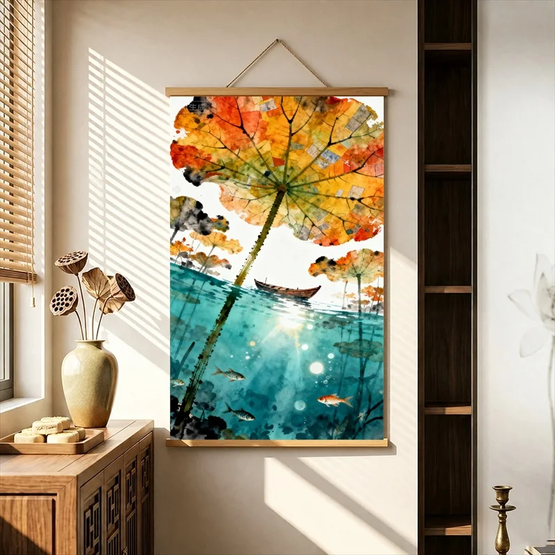 Wall Decor Orange Autumn Leaves above Turquoise Water, Pearlescent Canvas Hanging Scroll for Boutique Guesthouse Interior Decor