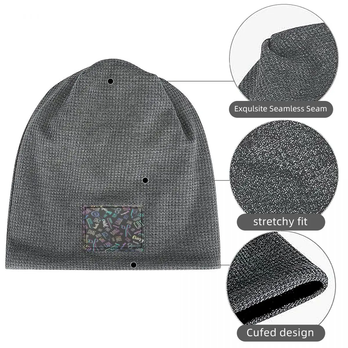 Salon Hair Dressing Tool Pattern Waffle Knit Fleece Lined Beanie with PU Leather Patch Unisex Warm Winter Soft Cap