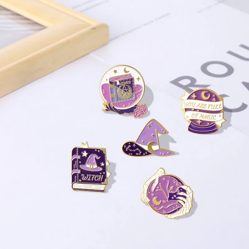 Witchcraft Enamel Pins Custom Purple Wizard Hat Book Ball Cat Brooch Lapel Badge Bag Gothic Jewelry Gift for Friends