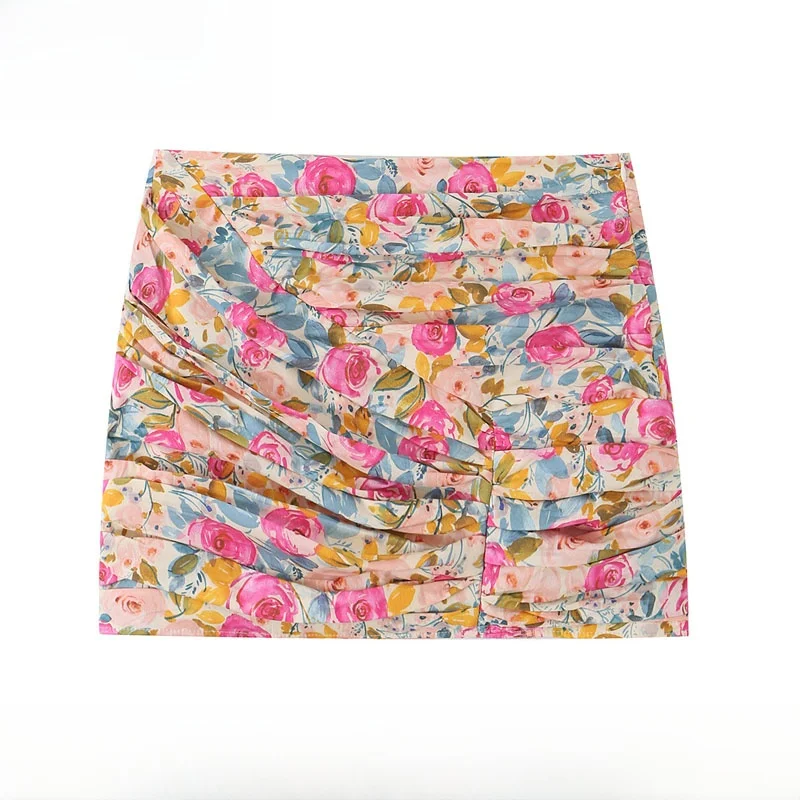 Spring Summer New Women's Fashion Pleated Floral Print  Skirt Versatile A-Line Midi Skirt Polyester Fabric Printed Design