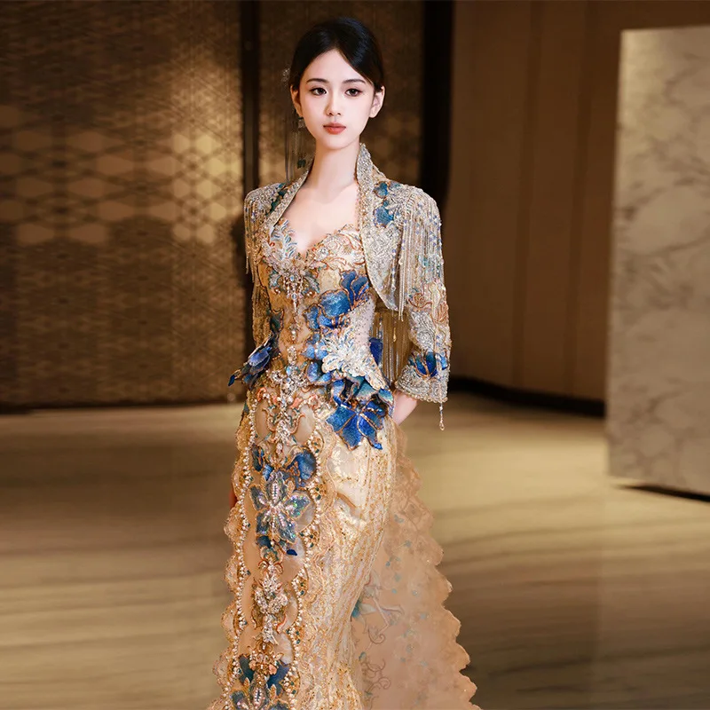Champagne Gold Blue Xiuhe Wedding Dress 2026 New Heavy Tail Bride Wedding Toast Dress Chinese Style Winter Edition