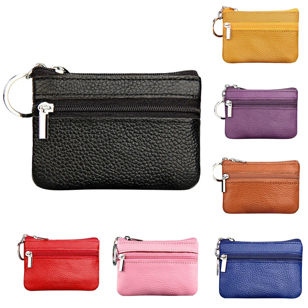 New Women's Mini Coin Purse Leather Zipper Pouch with Key Ring Small Wallet