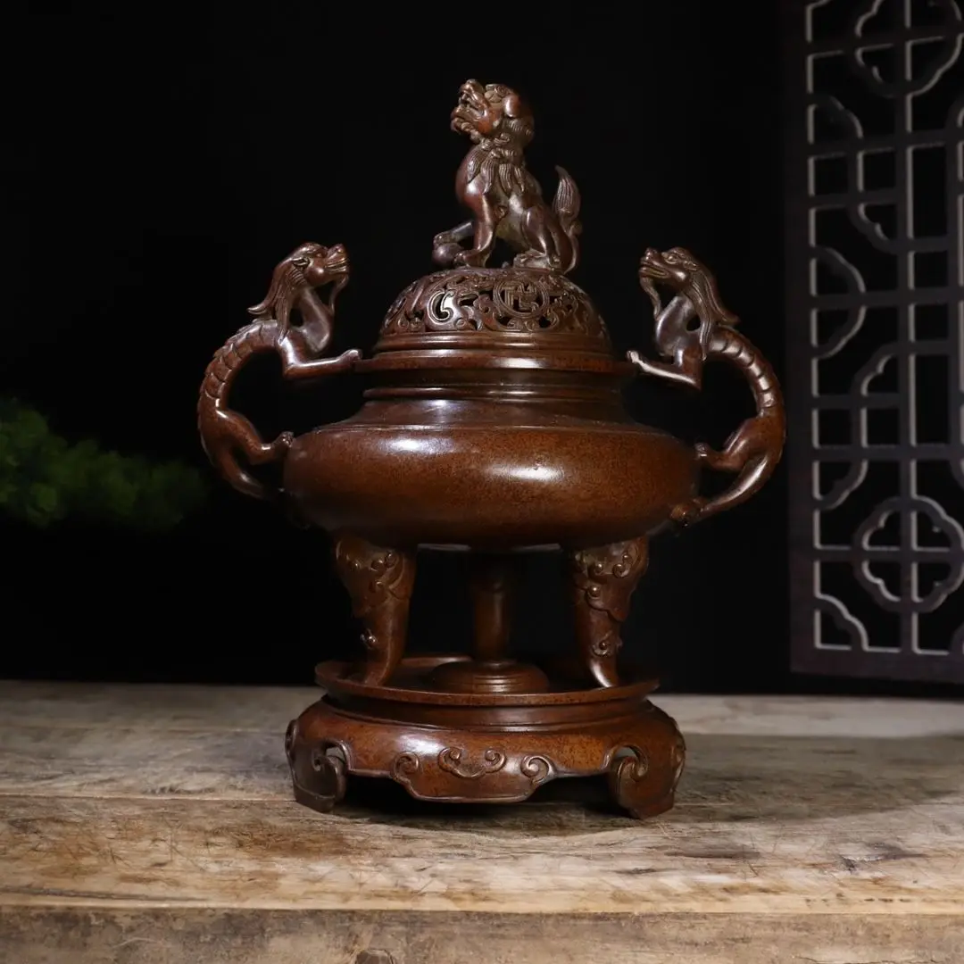 Antique Tripod Censer Pierced Lid Lion Top Dragon Handles Incense Burner with Base Meditation Altar Decoration
