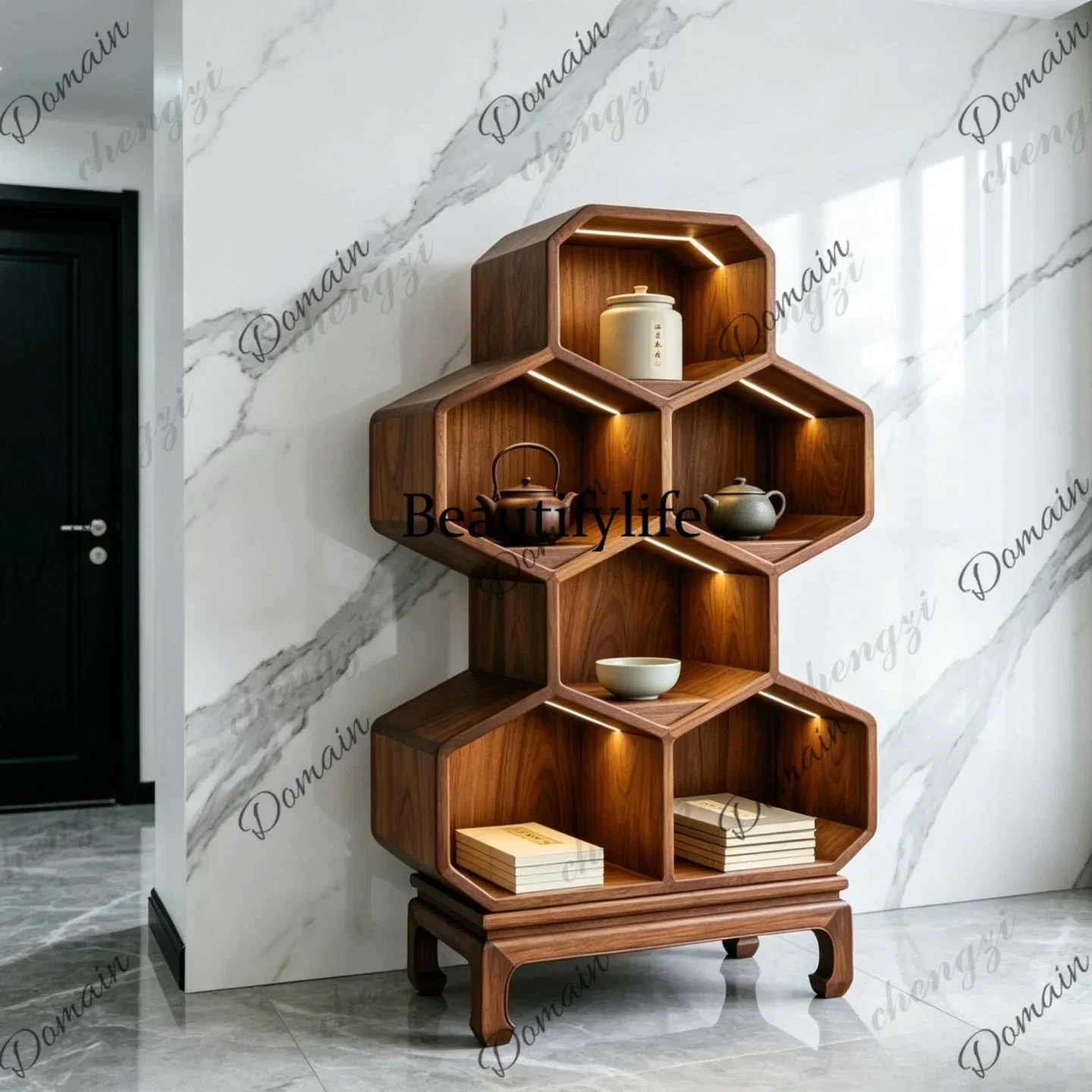 YFC New Chinese-style solid wood bogu frame tea room storage floor-type multi-layer display stand honeycomb shape living room