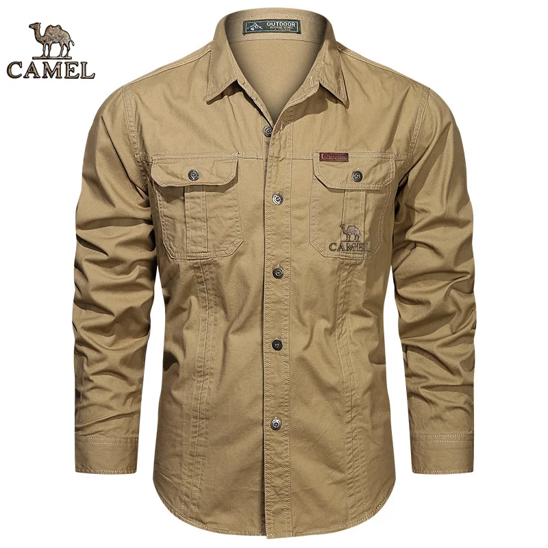 2024 Camel Authentic Emblem Spring and Autumn Season New Shirts for Men\'s Long sleeved Pure Cotton Casual Solid Color Shirts for