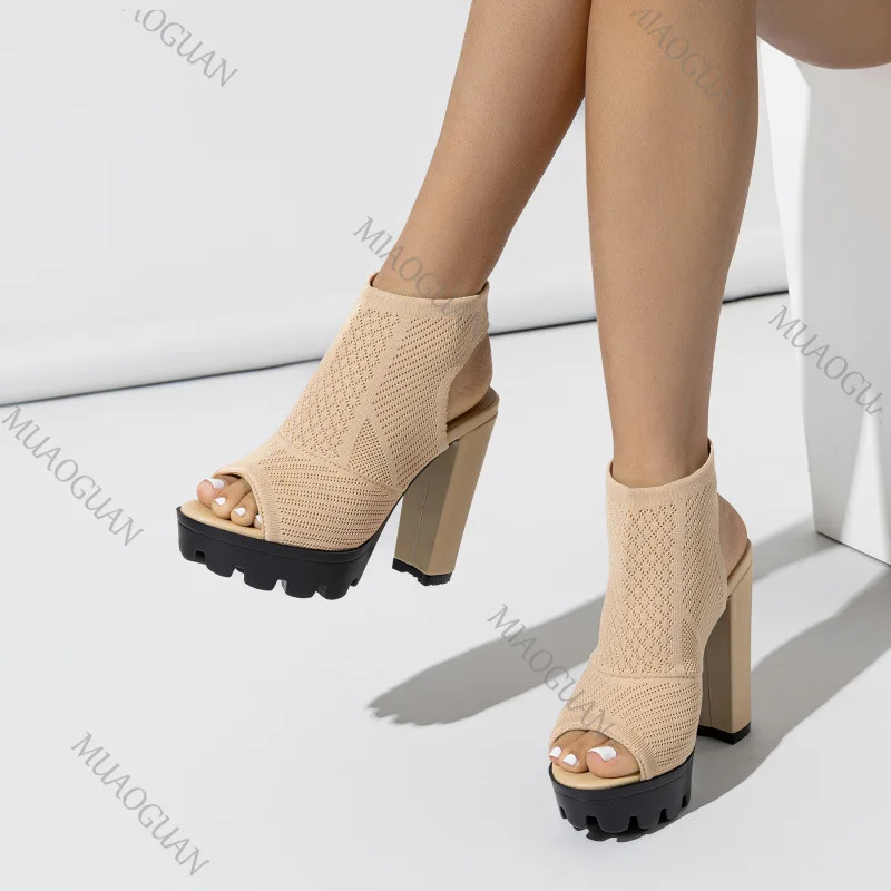 Summer New Women's Heels Shoes  Knitted Breathable Block Heel Sandals Fashion Comfortable Open Toe Party Elegant Heeled Pumps view 3