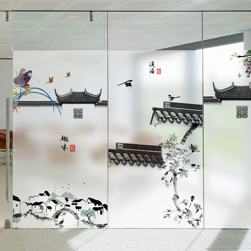 Chinese Ink Style Jiangnan Town Window Films Frosted Static Cling Stained Window Sticker Opaque Toilet Privacy Glass Films