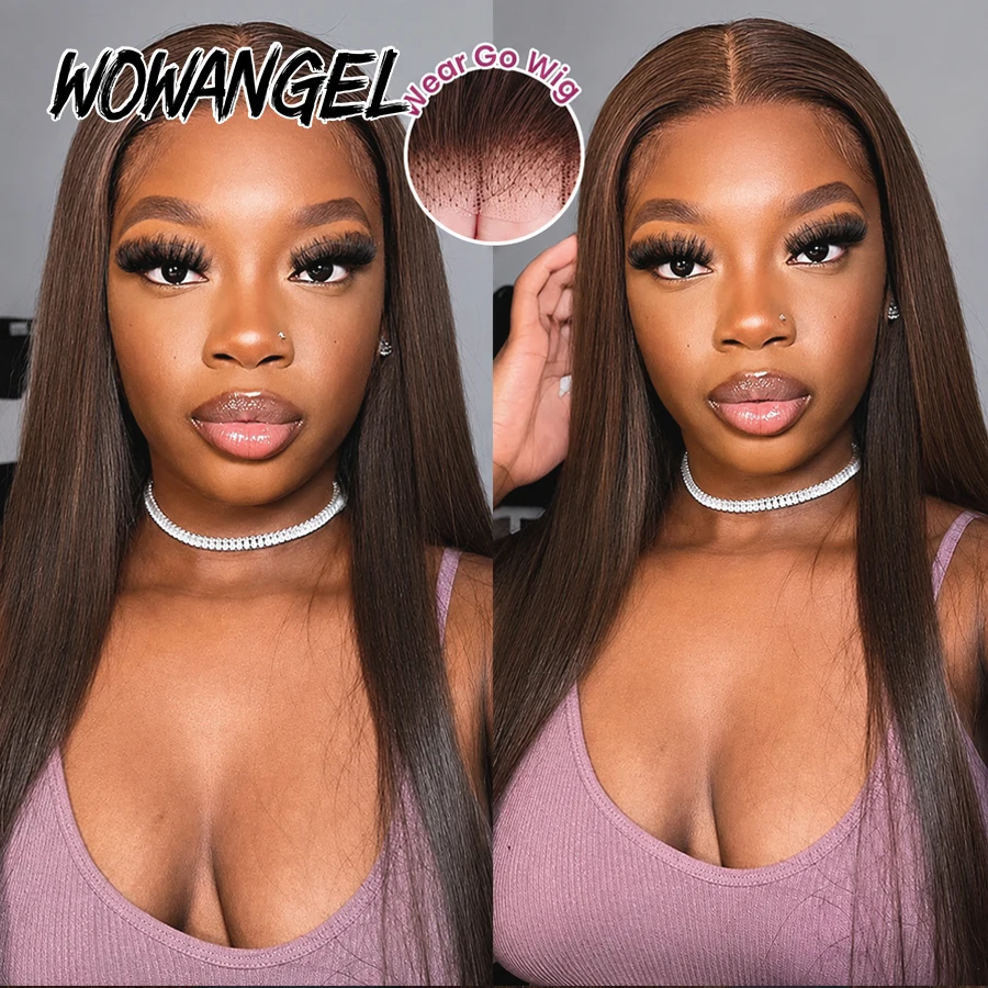 WOWANGEL Chocolate Brown 5x5 HD Lace Glueless Human Hair Wig Straight Pre Plucked Closure Wig Bleached Knots Beginner Friendly
