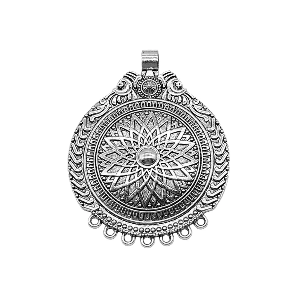 WYSIWYG 1pcs 57x71mm Carved Large Round Wafer Charms For Jewelry Making Antique Silver Color Necklace Accessories