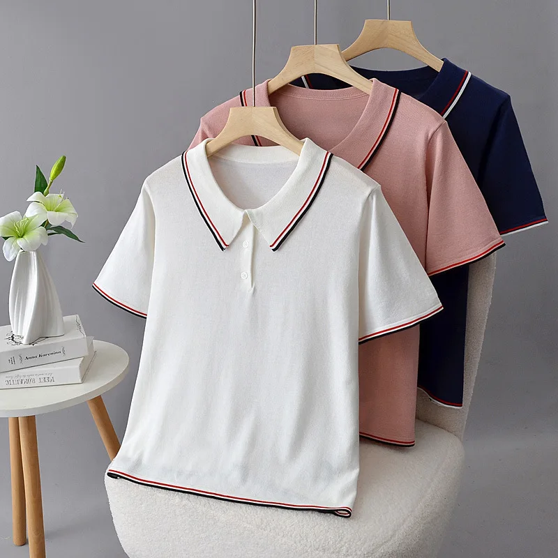 Women's Plus Size Polo Collar Short Sleeve T-Shirt Loose Fit Summer Casual Slimming Breathable Top With Ice Silk Fabric 2276