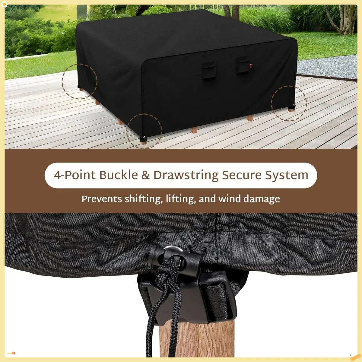 غطاء طقم طعام للفناء مقاس 144 × 144 بوصة مناسب لجميع الأحوال الجوية، قماش مقاوم للماء والأشعة فوق البنفسجية 600D، مناسب عالمي لطاولة 130 136 138 بوصة #5
