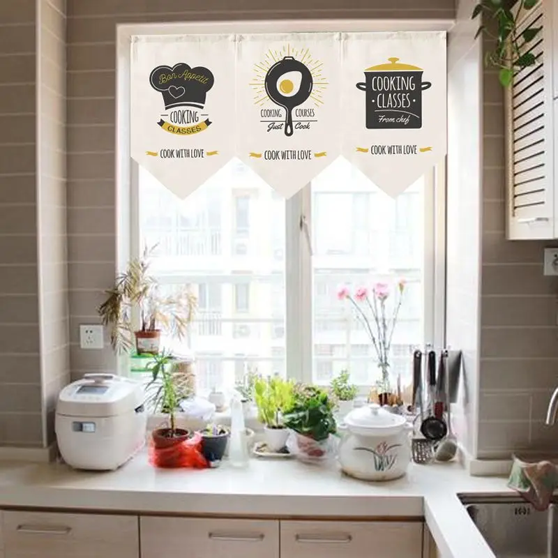 VIKAMA Cooking Classes Triangle Valance Curtain, Pot Cook With Love Print Fabric Pennant Curtain for Kitchen Wall Decor
